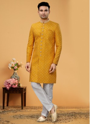 Orange Mens Embroidered Indowestern Set