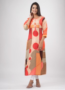 Orange Readymade Womens Kurti In Gajji Silk