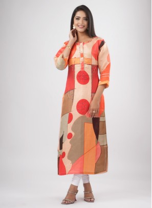 Orange Readymade Womens Kurti In Gajji Silk