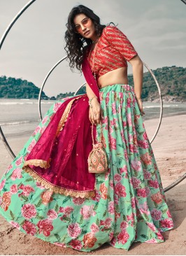 Organza Blue Printed Lehenga Choli