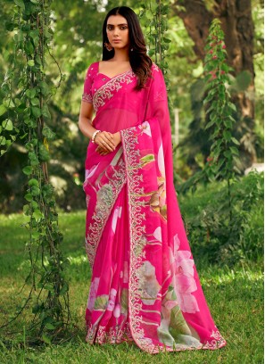 Chiffon Saree in Wine Color With Elegant Floral Work