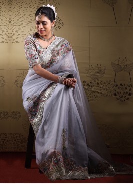 Organza Embroidery Grey Saree