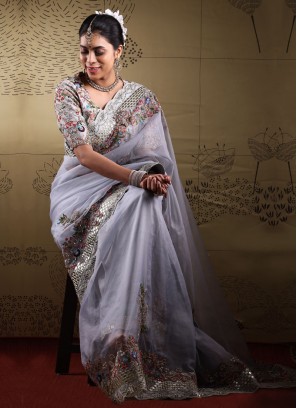 Organza Embroidery Grey Saree