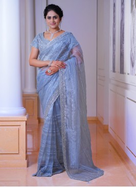 Organza Fabric Ethnic Saree In Grey Color