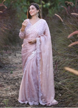 Organza Fabric Ethnic Saree In Peach Color