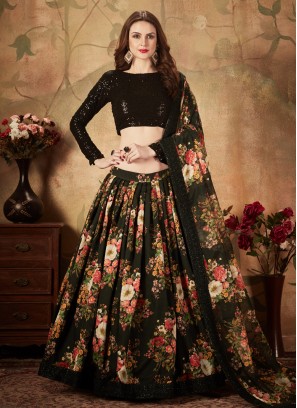 Organza Floral Print Trendy Lehenga Choli in Black