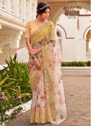 Organza Floral Printed Saree In Yellow Color