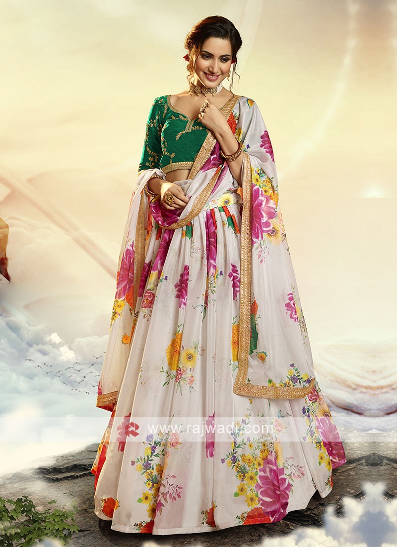 White Color Organza Fabric Floral Print Lehenga