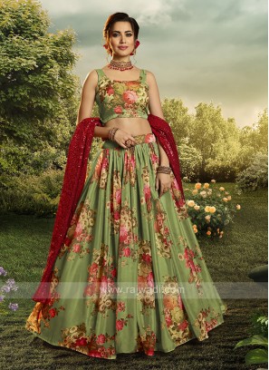 Organza Flower Printed Lehenga Choli In Green