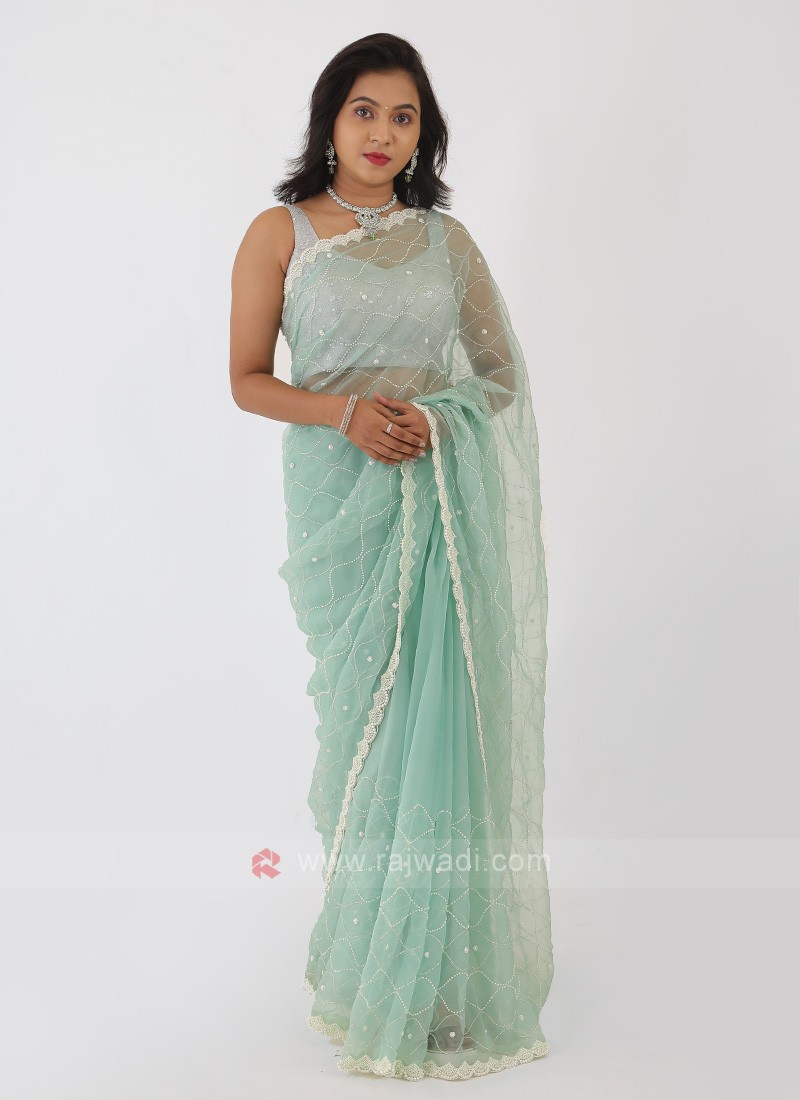 Akhilam Womens Silk Blend Green Chikankari Designer Saree with Unstitc –  Nykaa Fashion