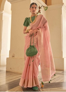 Plain Organza Designer Saree in Pink