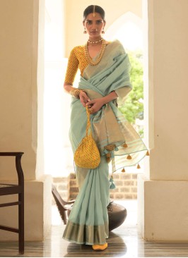 Aqua Blue Organza Saree With Yellow Blouse