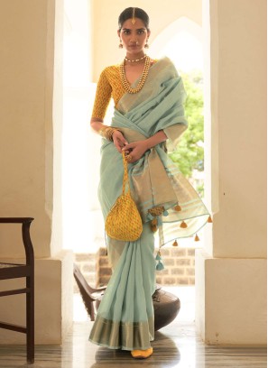 Aqua Blue Organza Saree With Yellow Blouse