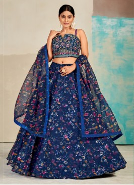 Organza Printed Navy Blue Lehenga Choli