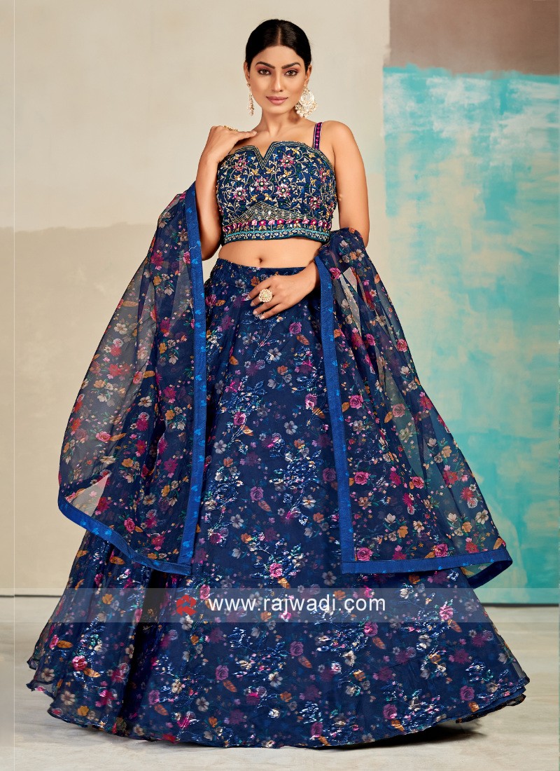 Festive, Party Wear Blue, White and Off White color Cotton fabric Lehenga :  1815624