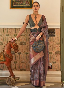 Chocolate Brown Designer Handloom Silk and Organza Saree