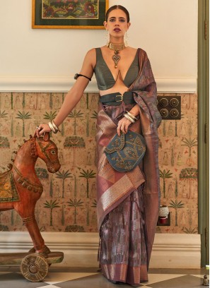 Chocolate Brown Designer Handloom Silk and Organza Saree