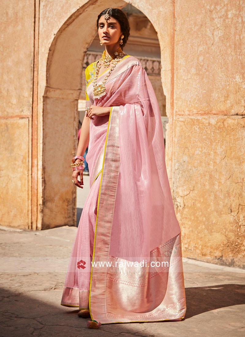 Shop Beautiful Light Pink Striped Organza Saree Online in USA – Pure  Elegance