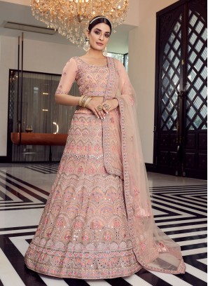 Peach Organza Embroidered Lehenga Choli