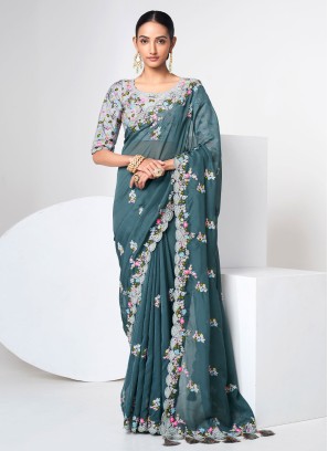 Teal Floral Embroidered Organza Saree