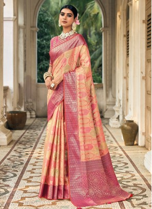 Orange and Deep Pink Organza Zari Embellished Saree