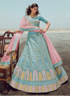 Turquoise Organza Embroidered Lehenga Choli