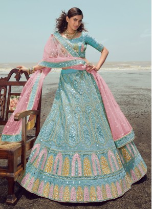 Turquoise Organza Embroidered Lehenga Choli