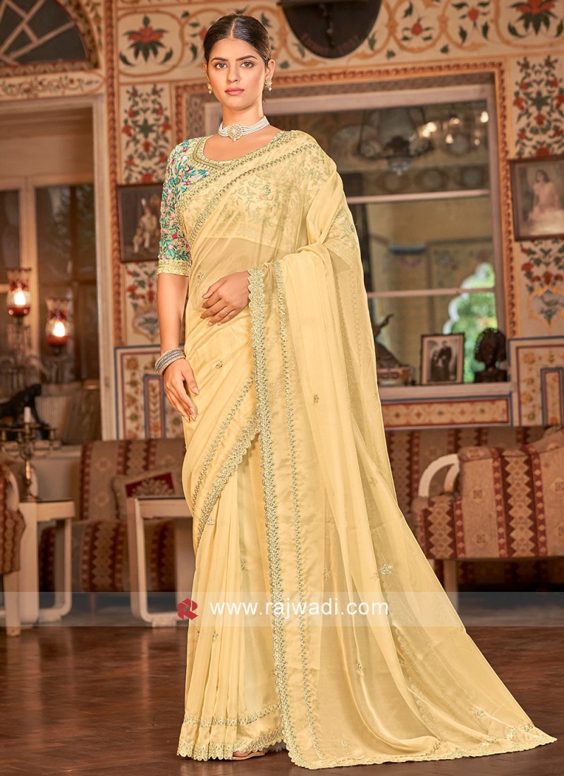 Buy online Banarasi Organza Saree with Zari Leheriya Weave & Rich Pallu -  Blue-AF1522