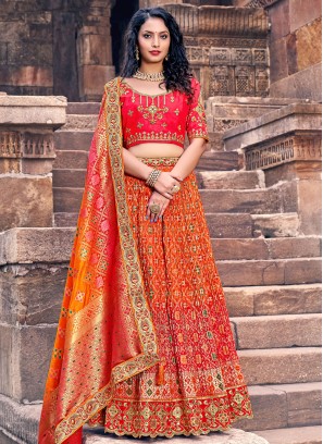 Gorgeous Two-tone Red and Orange Banarasi Lehenga Choli