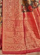 Patola Work Banarasi Silk Saree In Navy Blue And Red
