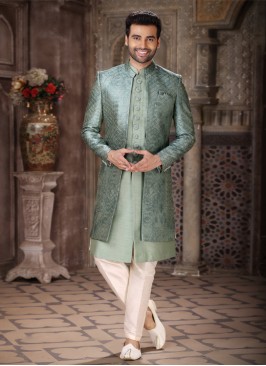 Palace Green Art Silk Jacket Style Indowestern