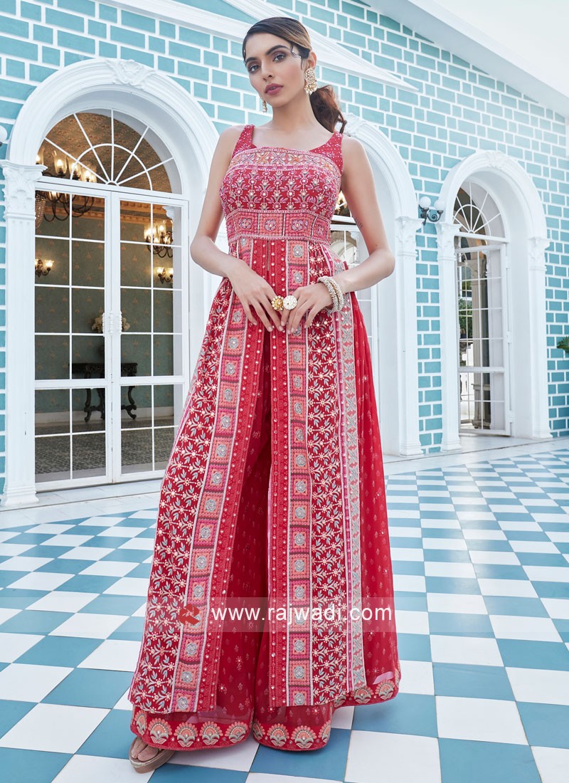 Buy Rose Red Readymade Designer Party Wear Faux Blooming Anarkali Suit |  Anarkali Suits