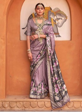 Lilac Floral Printed Contemporary Silk Saree