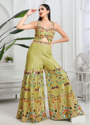 Parrot Green Fancy Embroidered Raw Silk Jumpsuit