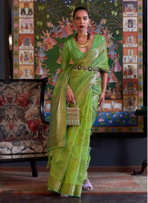 Parrot Green Festive Handloom Organza Saree