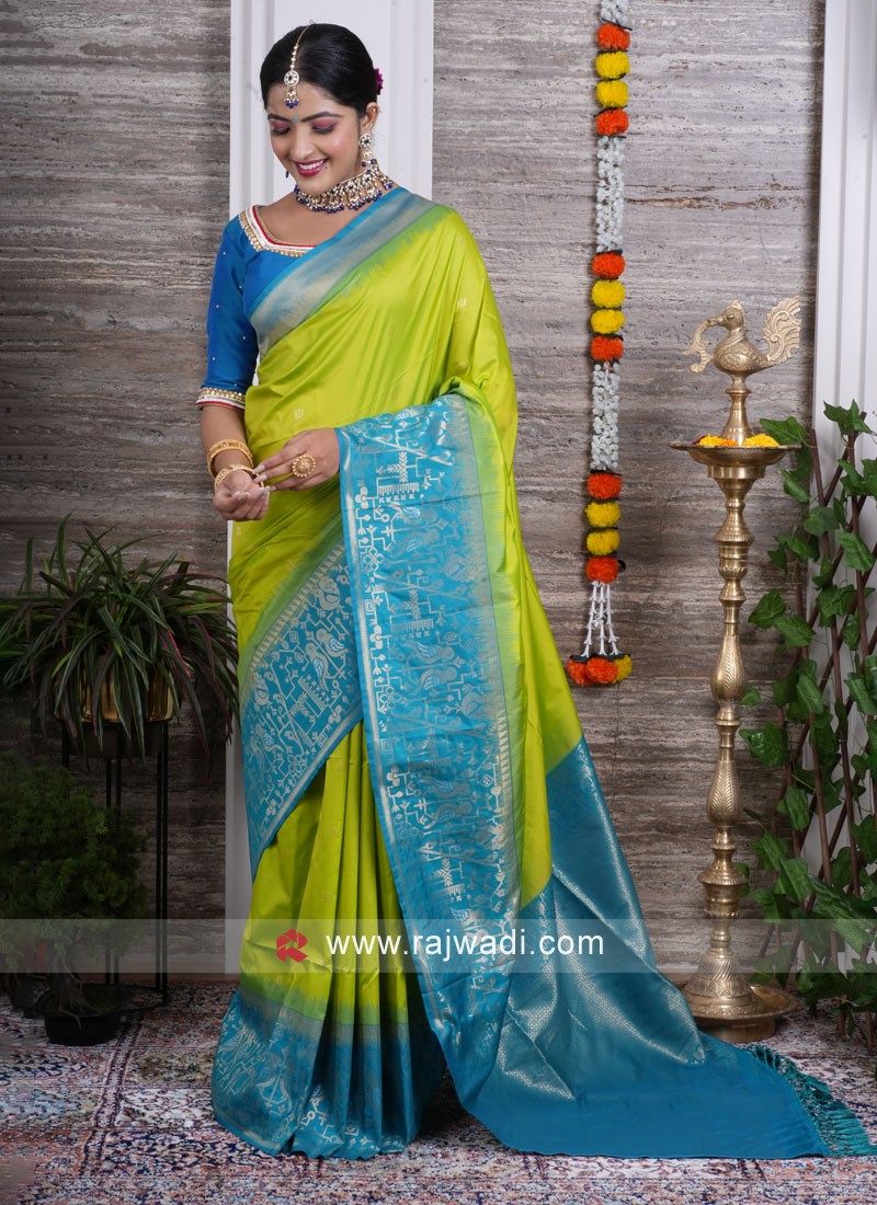 UPPADA SILK SAREE Blue With Green Color - Weavesarees.com – weavesarees.com