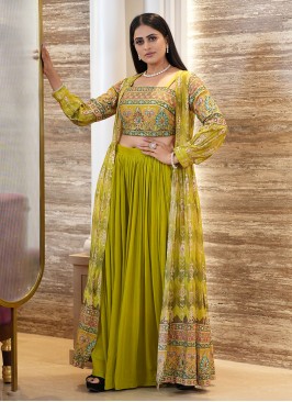 Parrot Green Printed Palazzo Suit With Long Jacket