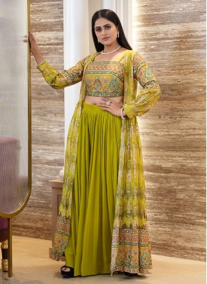 Parrot Green Printed Palazzo Suit With Long Jacket