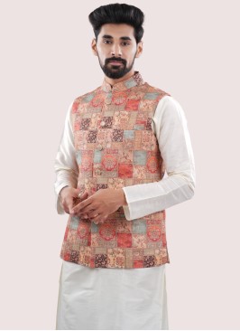 Parrty Wear Silk Nehru Jacket In Orange