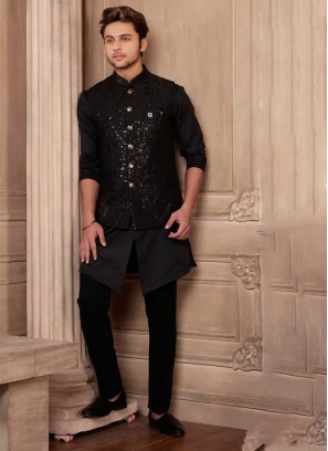 Party Wear Black Sequins Embroidered Nehru Jacket Set