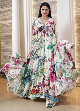 Party Wear Floral Printed Cream Designer Gown