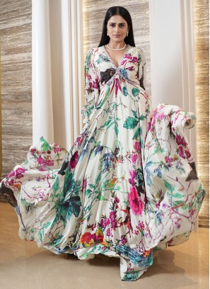 Party Wear Floral Printed Cream Designer Gown