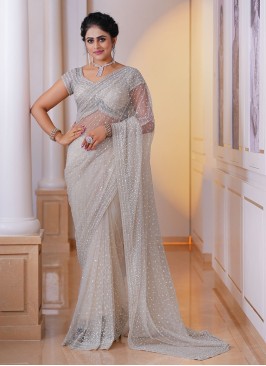 Party Wear Cream Embroidered Net Saree