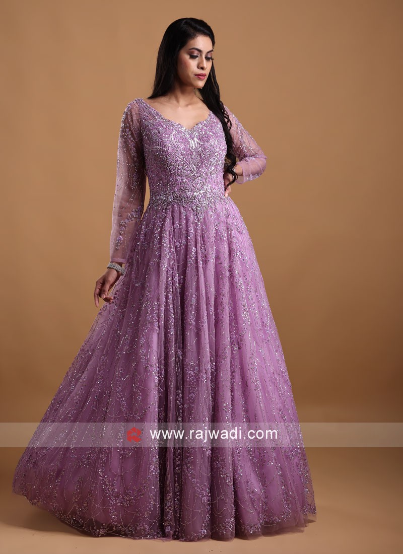 Embroidered Georgette Tiered Dress in Light Purple : TWJ4849