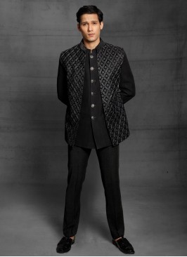 Party Wear Jacket Style Jodhpuri Suit In Black Color