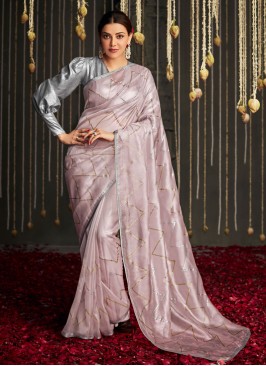 Party Wear Light Pink Silk Saree With Stone Work