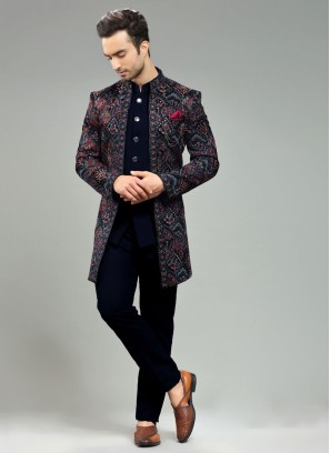 Party Wear Navy Blue Jacket Style Indowestern Set In Velvet