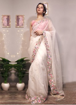 Party Wear Off White Organza Saree adorned by Rimmi Yadav