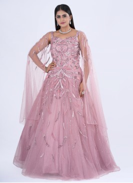 Onion Pink Designer Gown With Heavy Embroidered Work