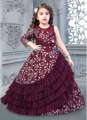 Party Wear Soft Net Layered Maroon Gown